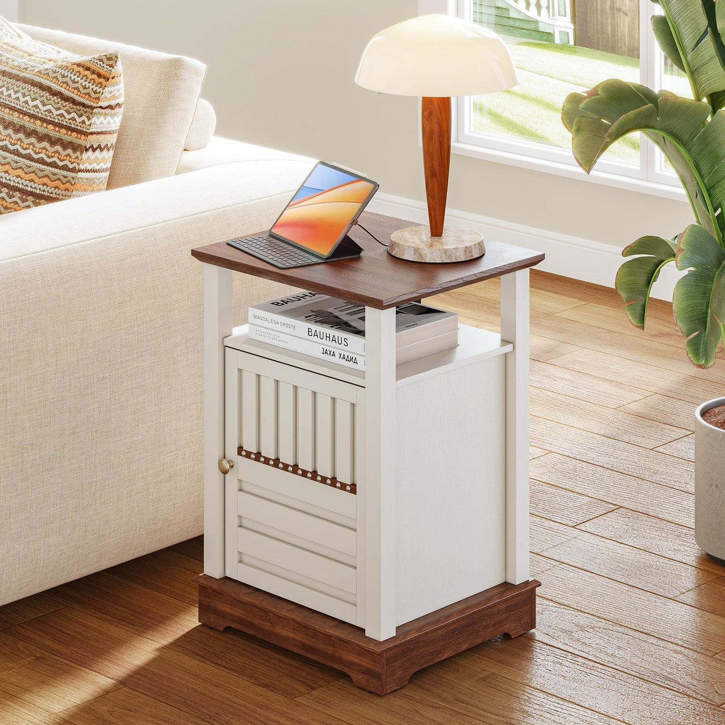 Farmhouse End Table with Charging Station, 18'' Wide Rustic Nightstand w/Rivet Barn Door & Adjustable Storage Shelf, Wood Sofa Side Tables w/Open Shelf & Storage Cabinet for Living Room, Bedroom