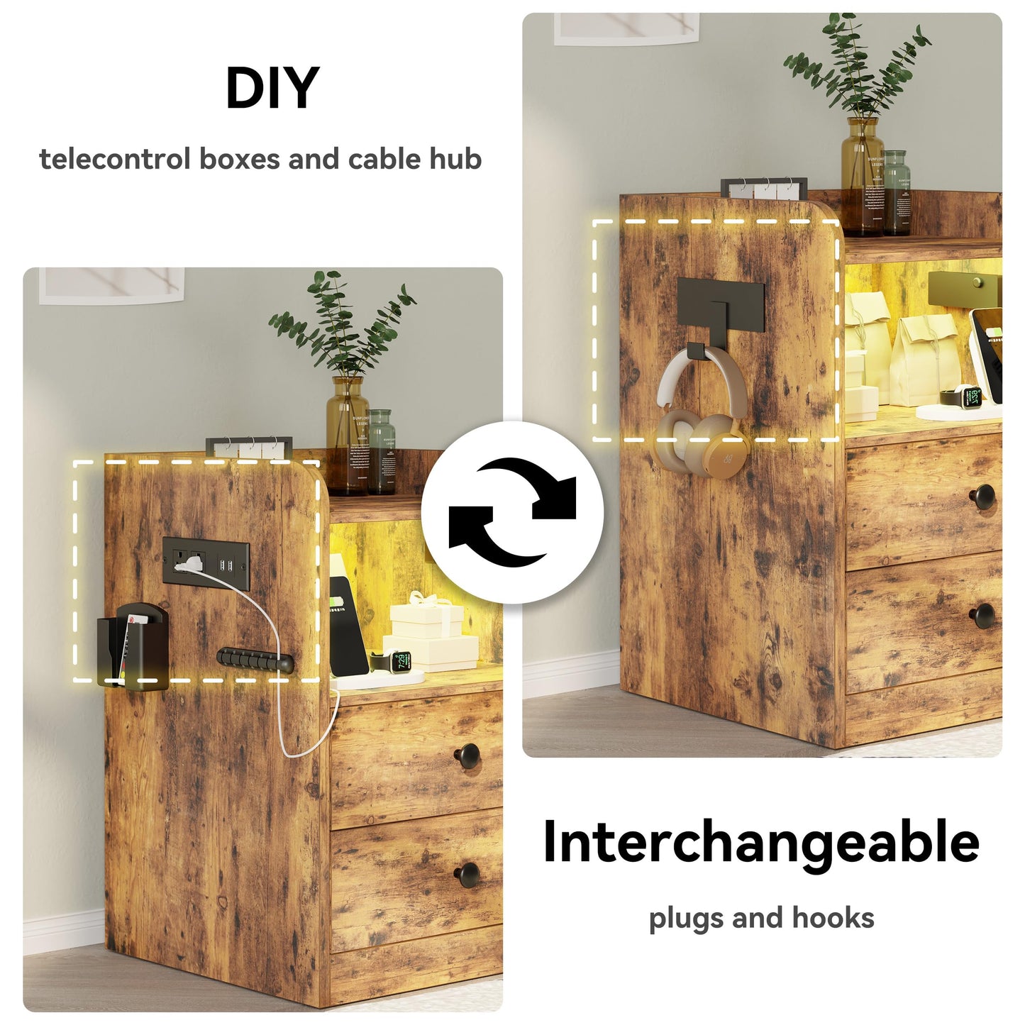 LIKIMIO Nightstand with LED, Charging Station & USB Ports, Night Table with 2 Drawers and Open Shelf, Adjustable Light, Vintage Brown