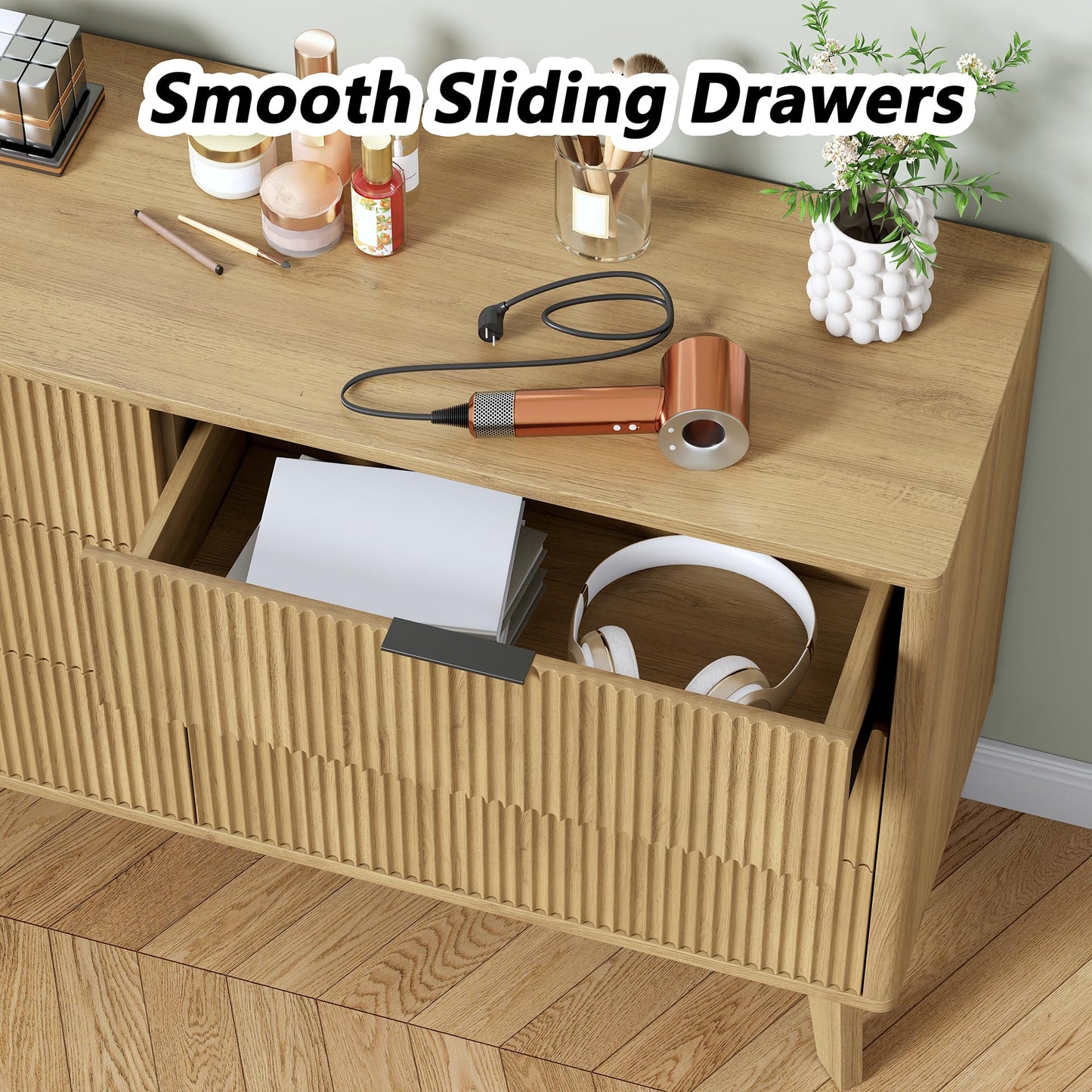 Furniouse 54''W Fluted 6 Drawers Dresser for Bedroom, Wide Modern Chest of Drawers Closet Organizer, Wood Dresser TV Stand for Living Room, Natural