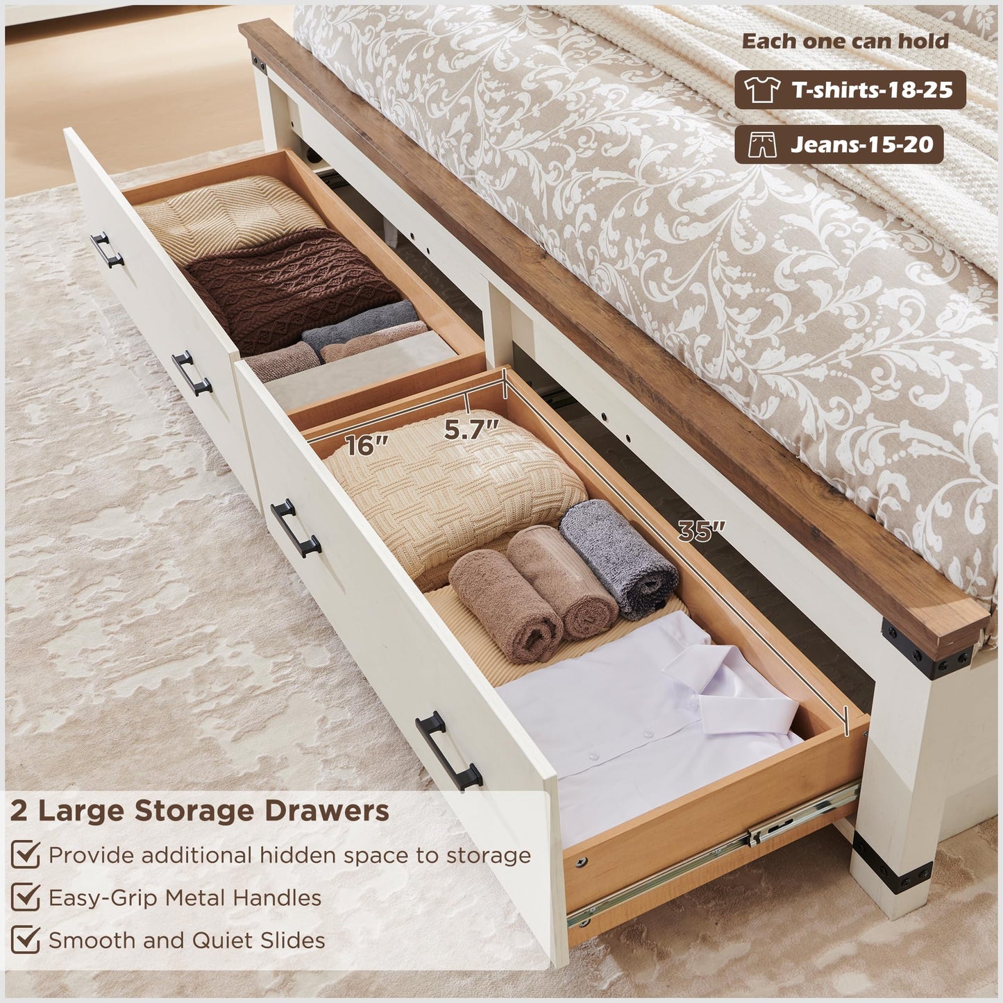 RedLemon Farmhouse King Size Bed Frame w/ 54" Tall Geometric Headboard, Rustic Wood Platform Bed w/ 2 Large Storage Drawers, Wood Slats Support, Noise Free, No Box Spring Needed, Antique White