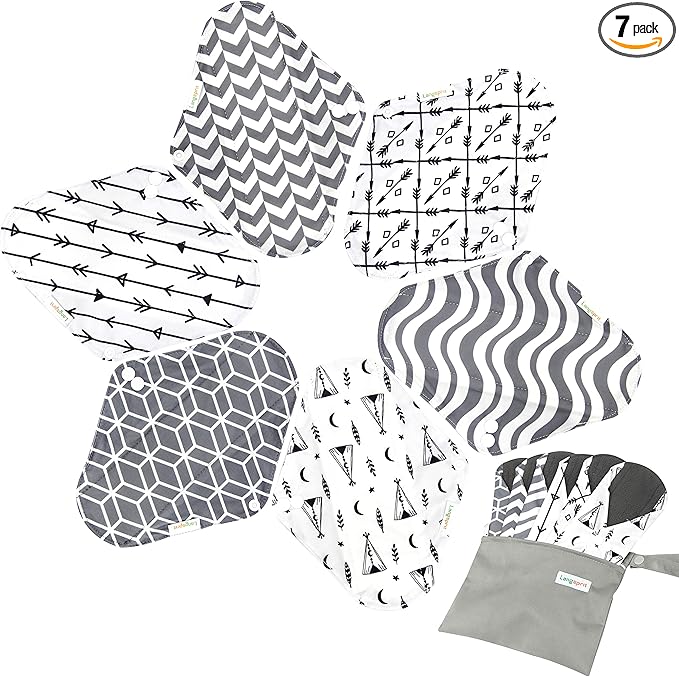 7pcs Set 1 pc Mini Wet Bag +6pcs Absorbent Reusable Sanitary Pads/Washable Cloth Menstrual Pads (L,Grey)