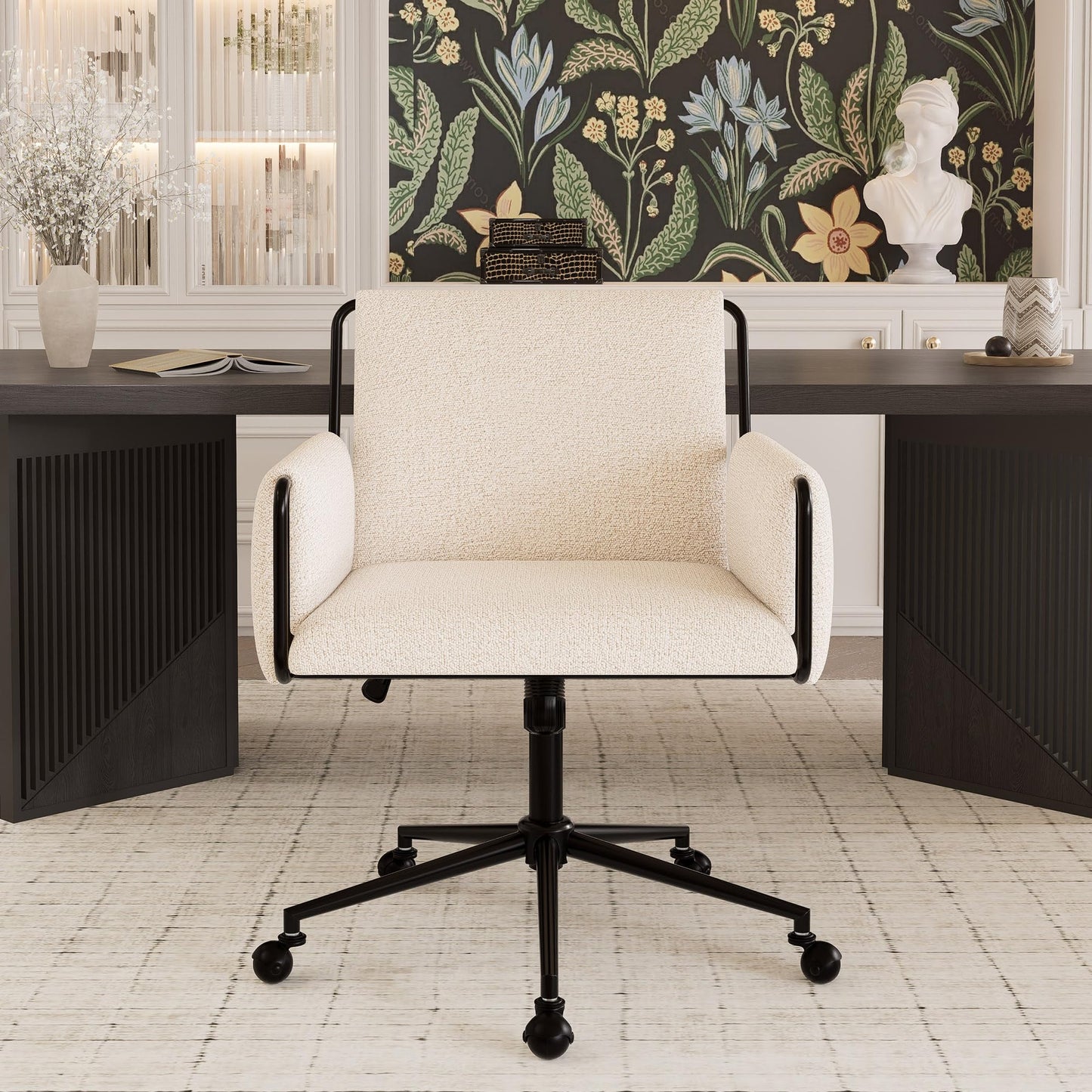 YOUTASTE Wide Office Chair with Wheels, Comfy Modern Rolling Swivel Desk Chair with Beige Bouclé Fabric, Backrest, Armrests, 300 lbs Capacity, Ideal for Makeup Vanity, Computer, Study & Bedroom