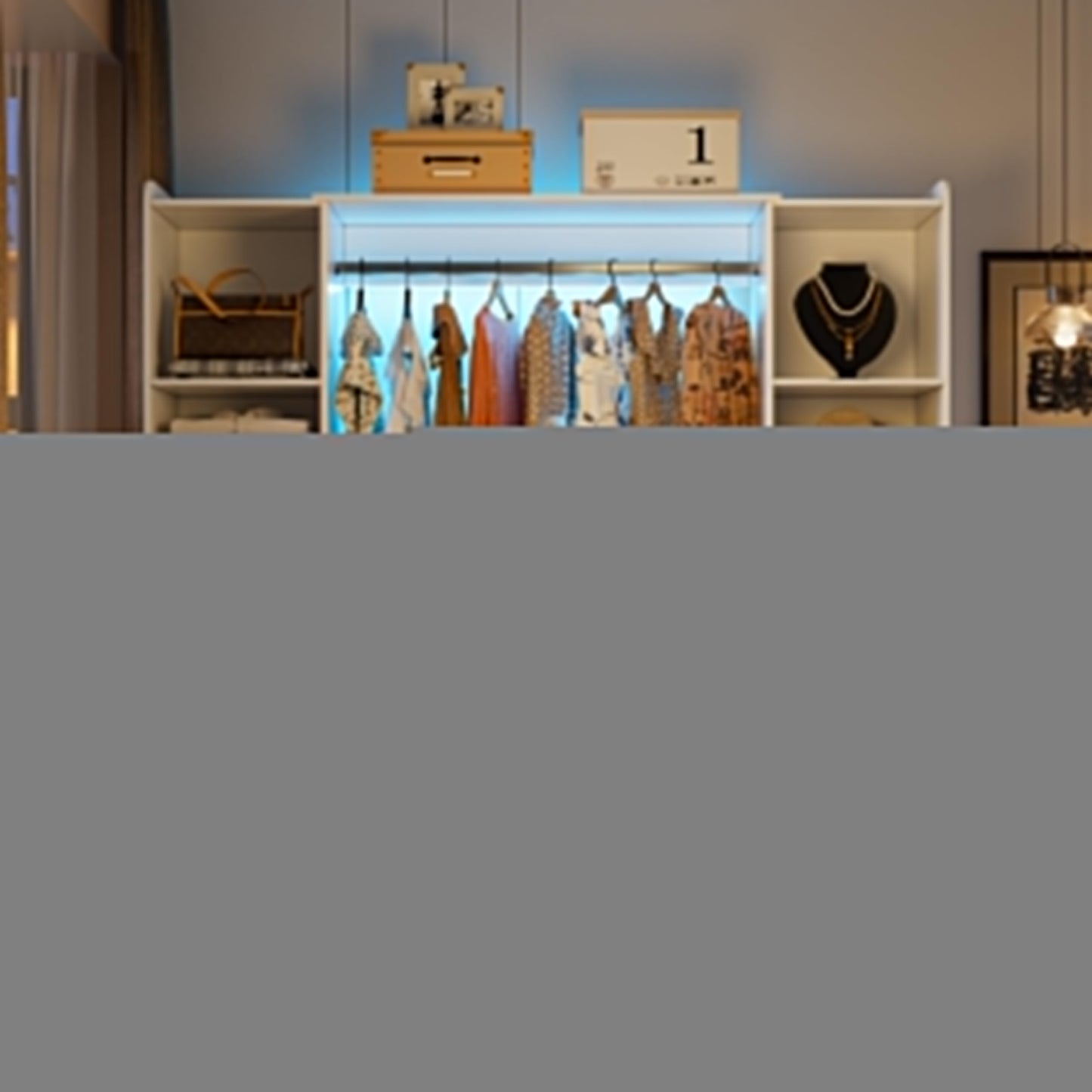 PAKASEPT Freestanding Closet System, 64.9" Stand-Alone Wardrobe with 6 Display Storage Cabinet & Hanging Rods & 2 Wood Drawers, Cloth Garment Rack with Multi Color Light, Walk-in Closet, White