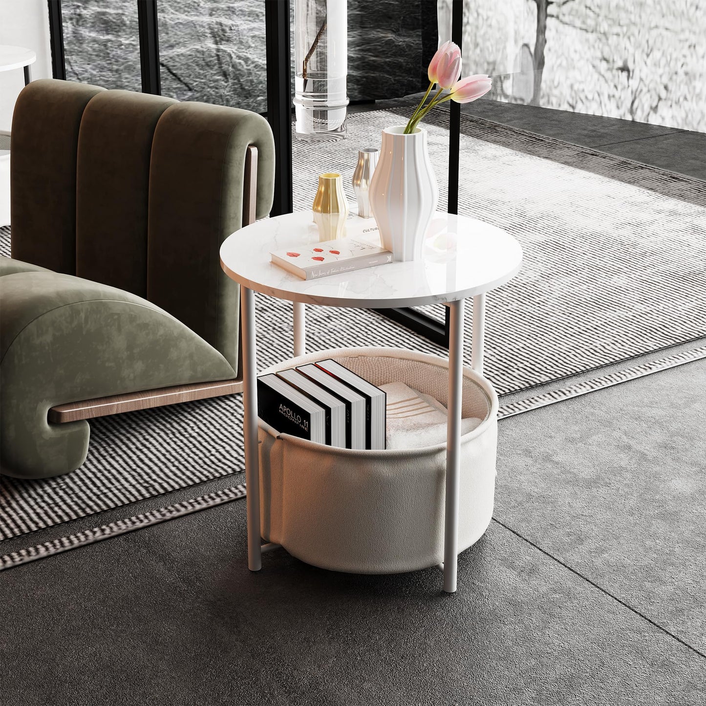 VERFARM Coffee Table with Storage, Round Center Table for Living Room, Bedroom with Fabric Basket, Modern End Table, Metal Side Table, Bedside Nightstand for Small Spaces, White