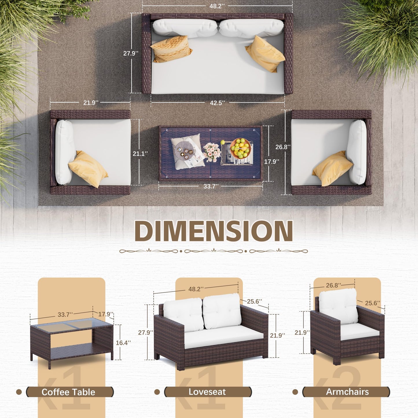Homall 4 Pieces Patio Furniture Sets Rattan Chair Wicker Conversation Sofa Set, Outdoor Indoor Backyard Porch Garden Poolside Balcony Use (Beige)