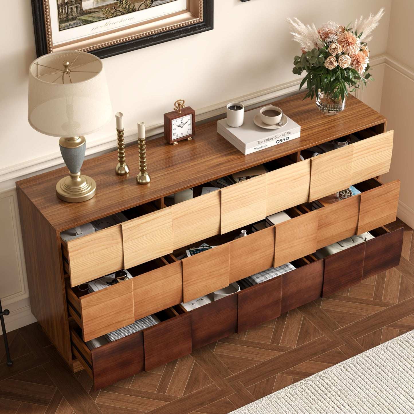 Lamohome Solid Wood Fronts 9 Drawer Dresser, 65" Wide Modern Chest with Gradient Block Design for Bedroom & Living Room