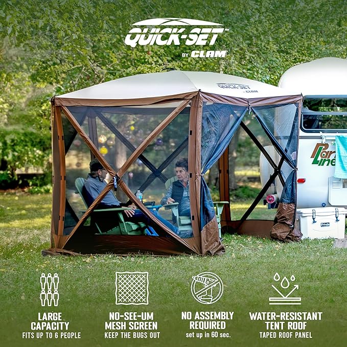 CLAM Pop Up Screen Tent, Outdoor Camping Gazebo Canopy, Adventure with Wind Panels, 9' x 9', Brown