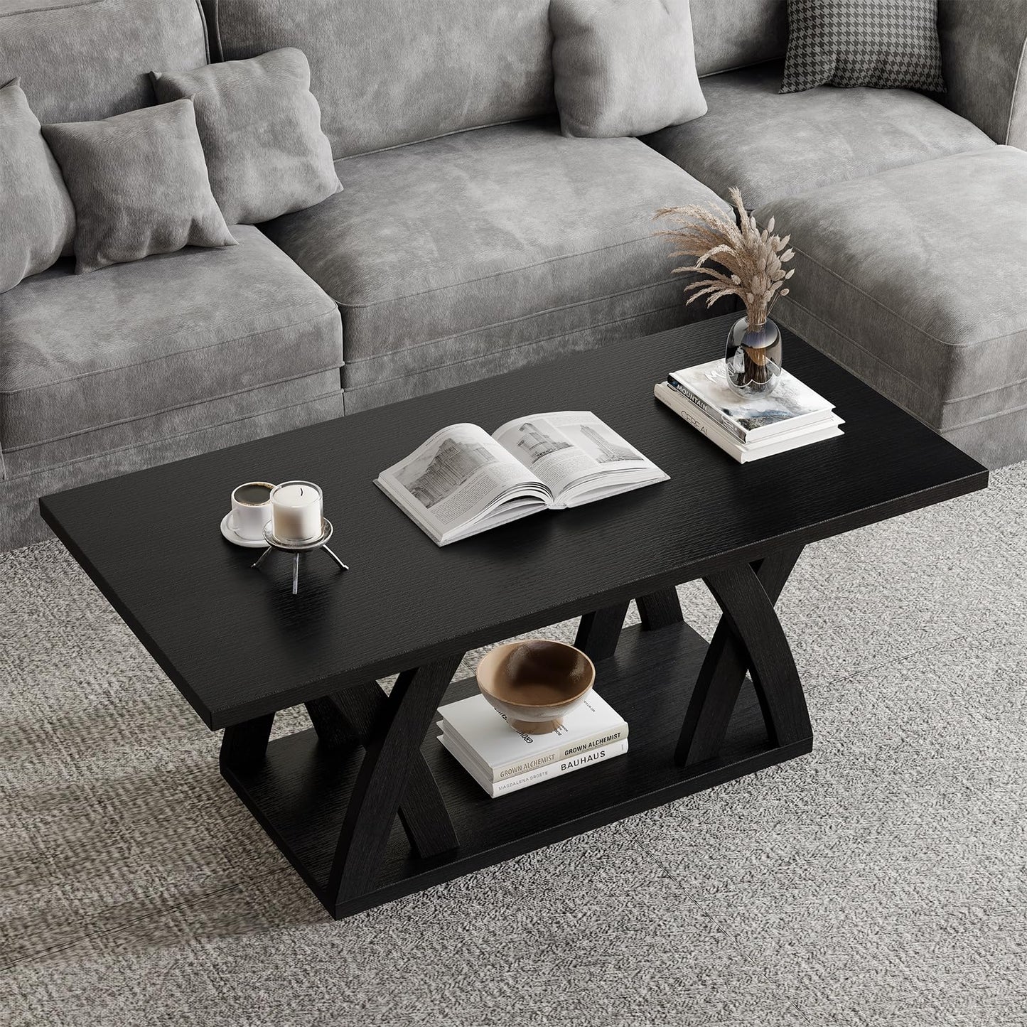 FROMJBEST Farmhouse Coffee Table with Shelf, Mordern CoffeeTable, Black Coffee Table Living Room, Living Room Tables,47” Black with Grey