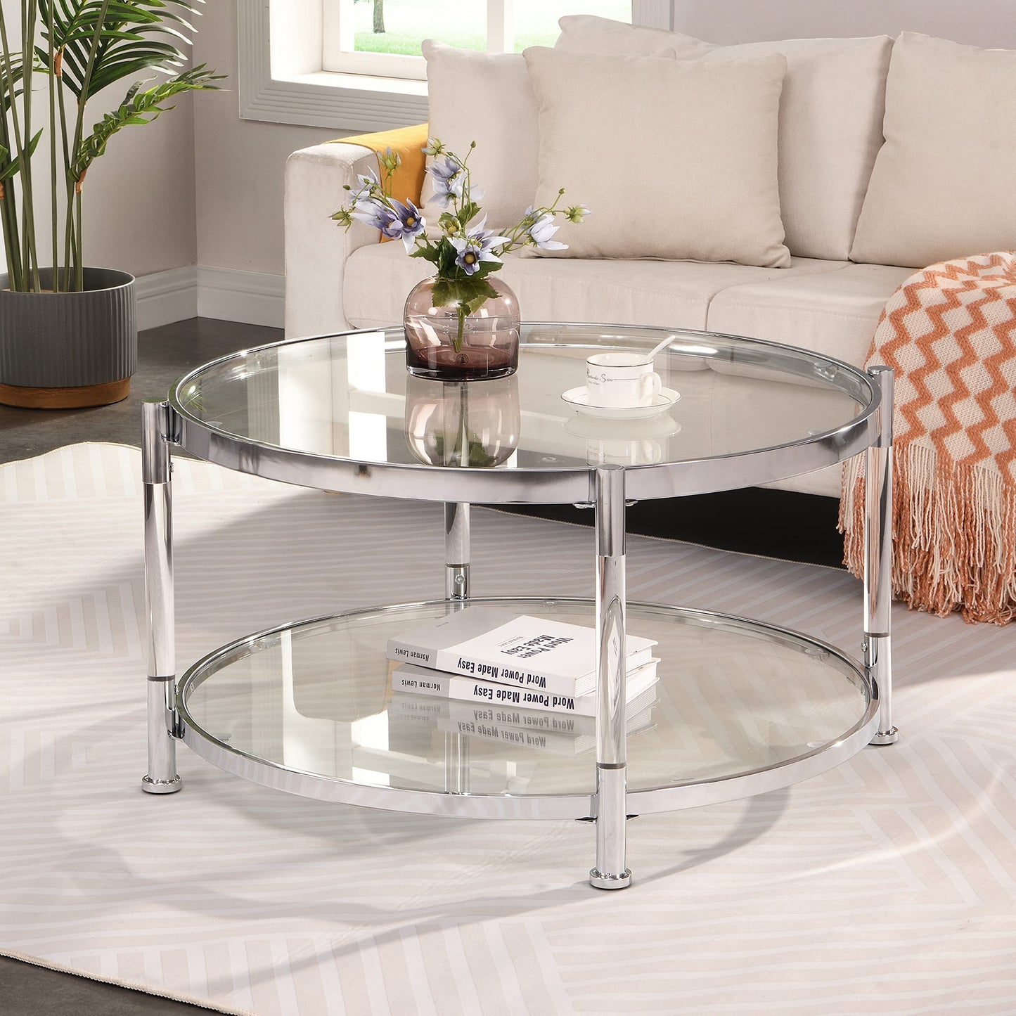Lasadelgar Tempered Glass Round Coffee Table, 32.3" Modern Acrylic Legs Circle Coffee Table for Living Room