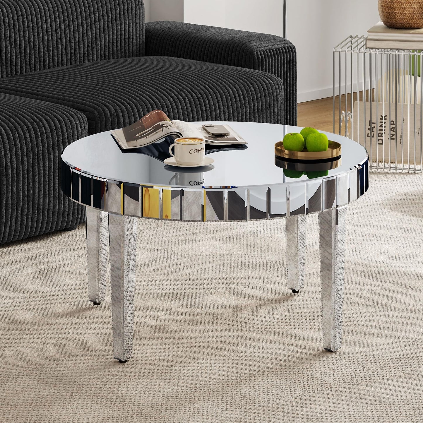 Olodumare 31.5" Round Mirrored Coffee Table, Silver Modern Center Table with Starburst Mosaic Design, Luxury Glass Accent Tea Table for Living Room, Bedroom or Office Decor
