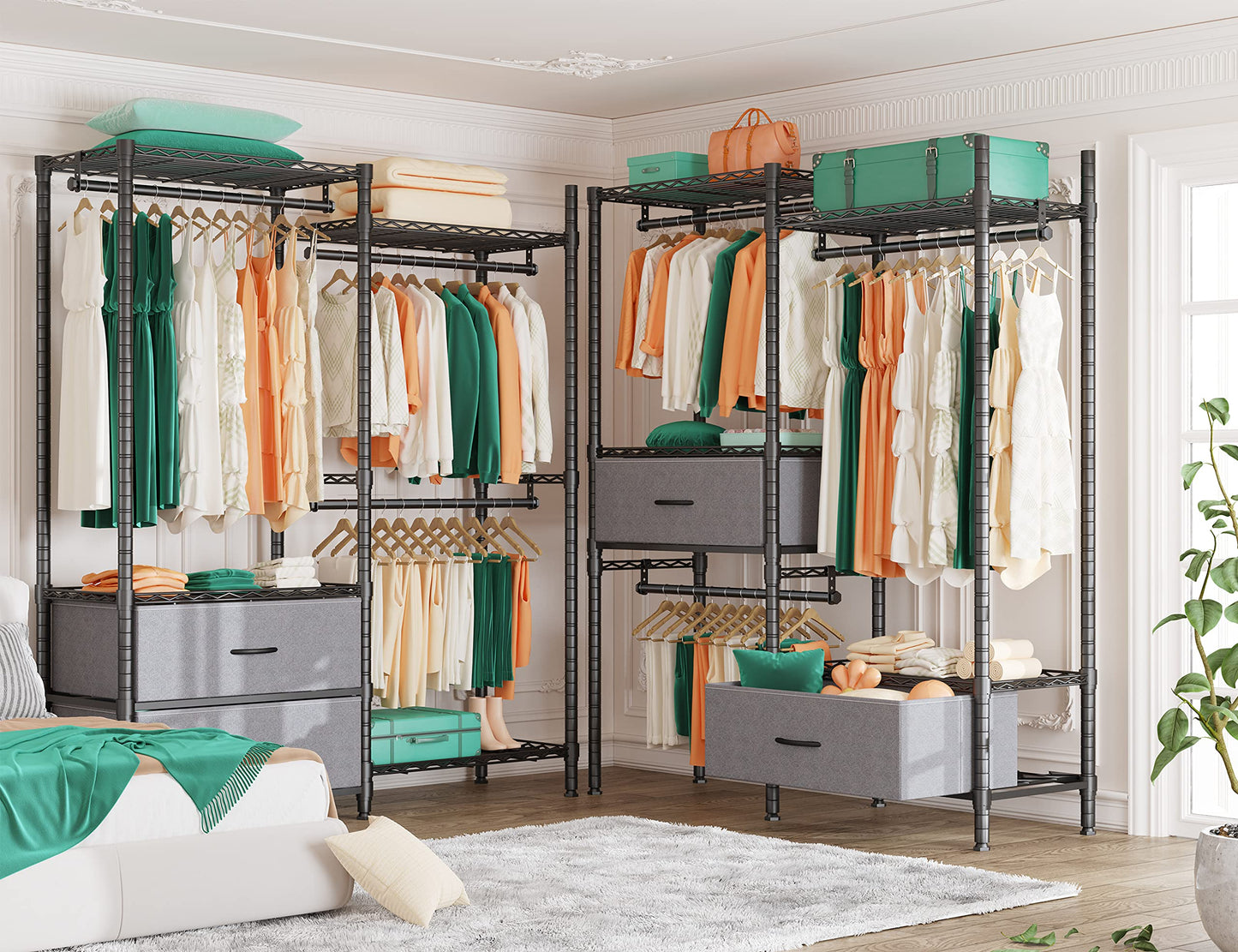 REIBII Heavy Duty Clothes Rack, Adjustable Clothing Racks for Hanging Clothes, Portable Closet with 2 Drawers 3 Hanging Rods Load 650lbs, Black, 15.9" D x 46.5" W x 70.9" H