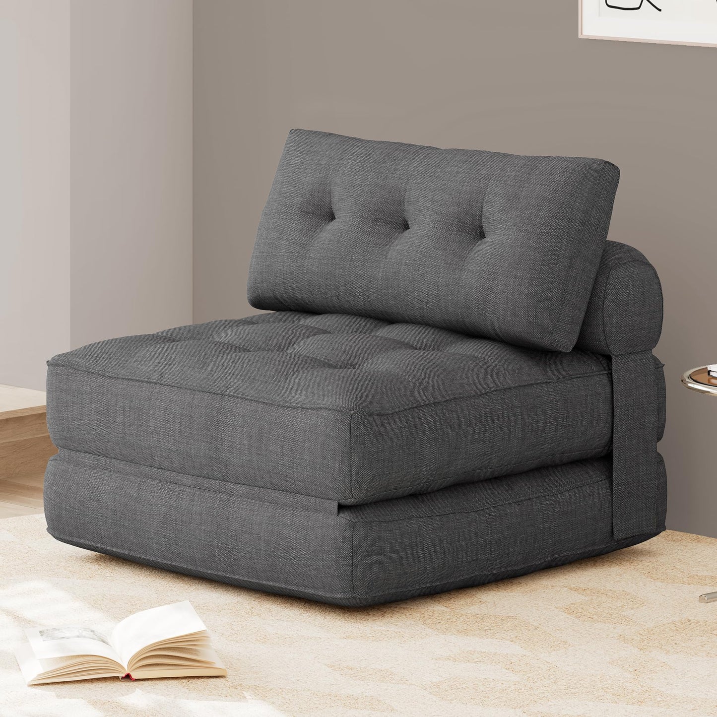 KINGYES Folding Sofa Bed, Convertible Sleeper Chair with Pillow for Adults, Foldable Single Futon Chair Floor Sofa Lounge for Living Room, Grey