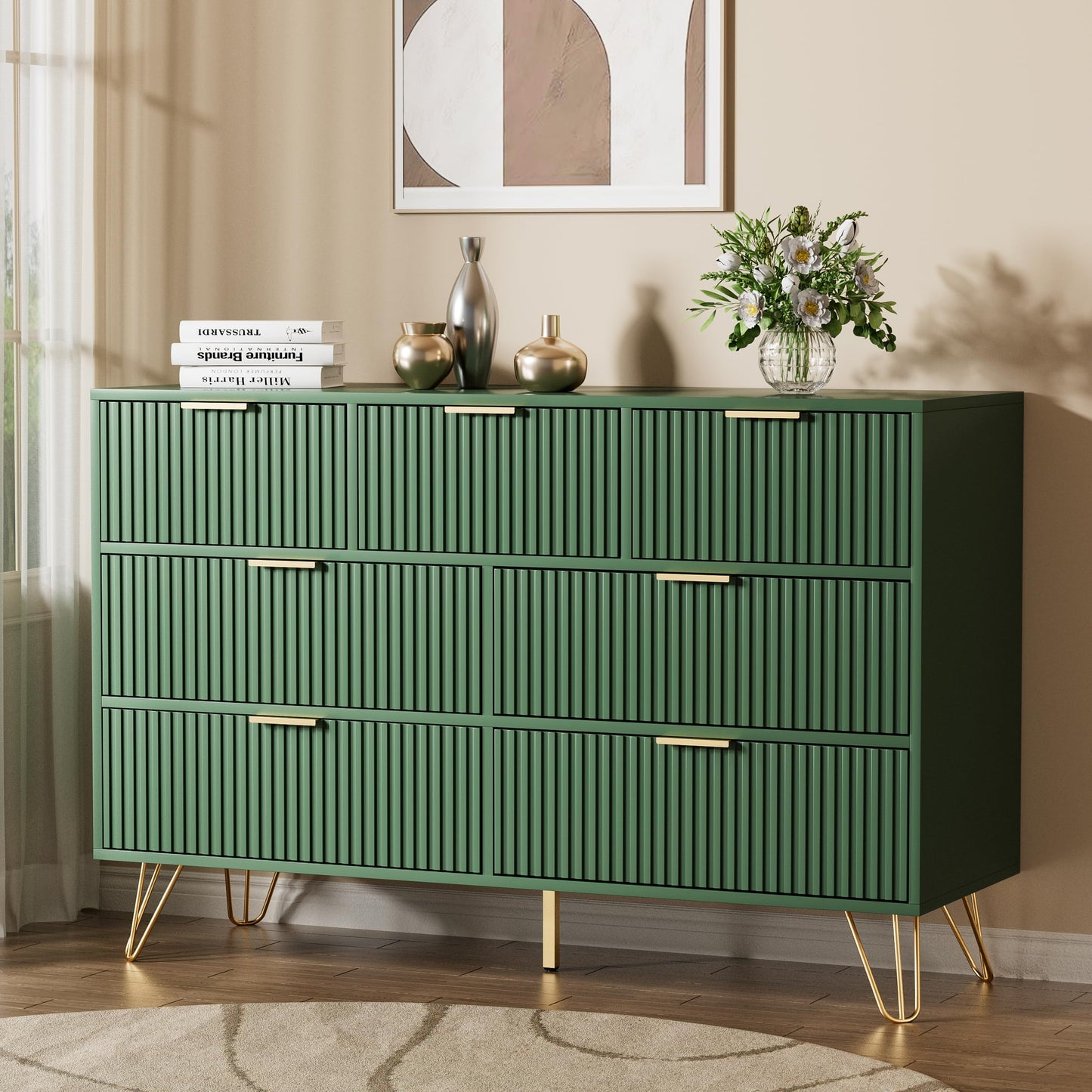 Furniway Dresser for Bedroom, Fluted Modern Dresser with Gold Pulls and 7 Drawers, 15.7" D x 47.2" W x 31.4" H, Green