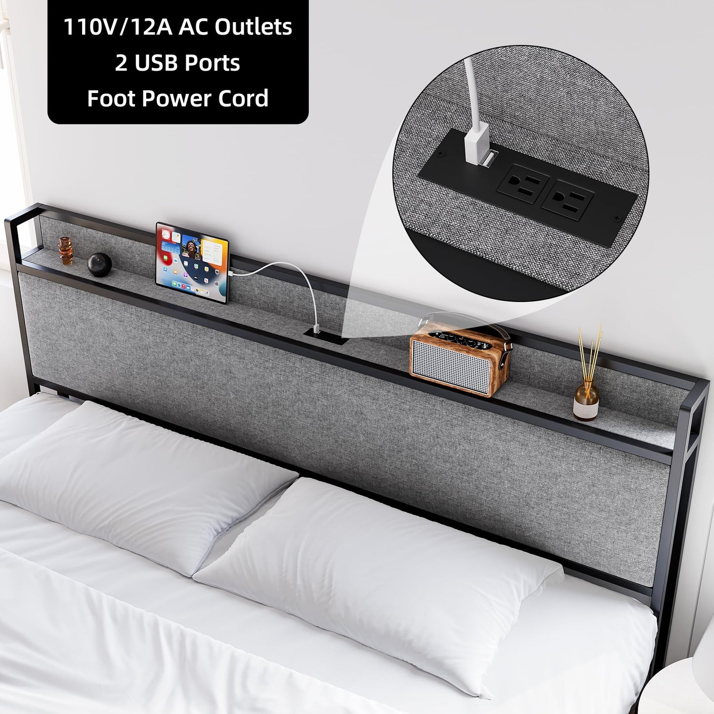 GarveeHome King Size Bed Frame with 2 Storage Drawers and USB Ports, Modern Platform Bed with Upholstered Shelf Headboard, Sturdy, Noise Free, No Box Spring Needed, Gray