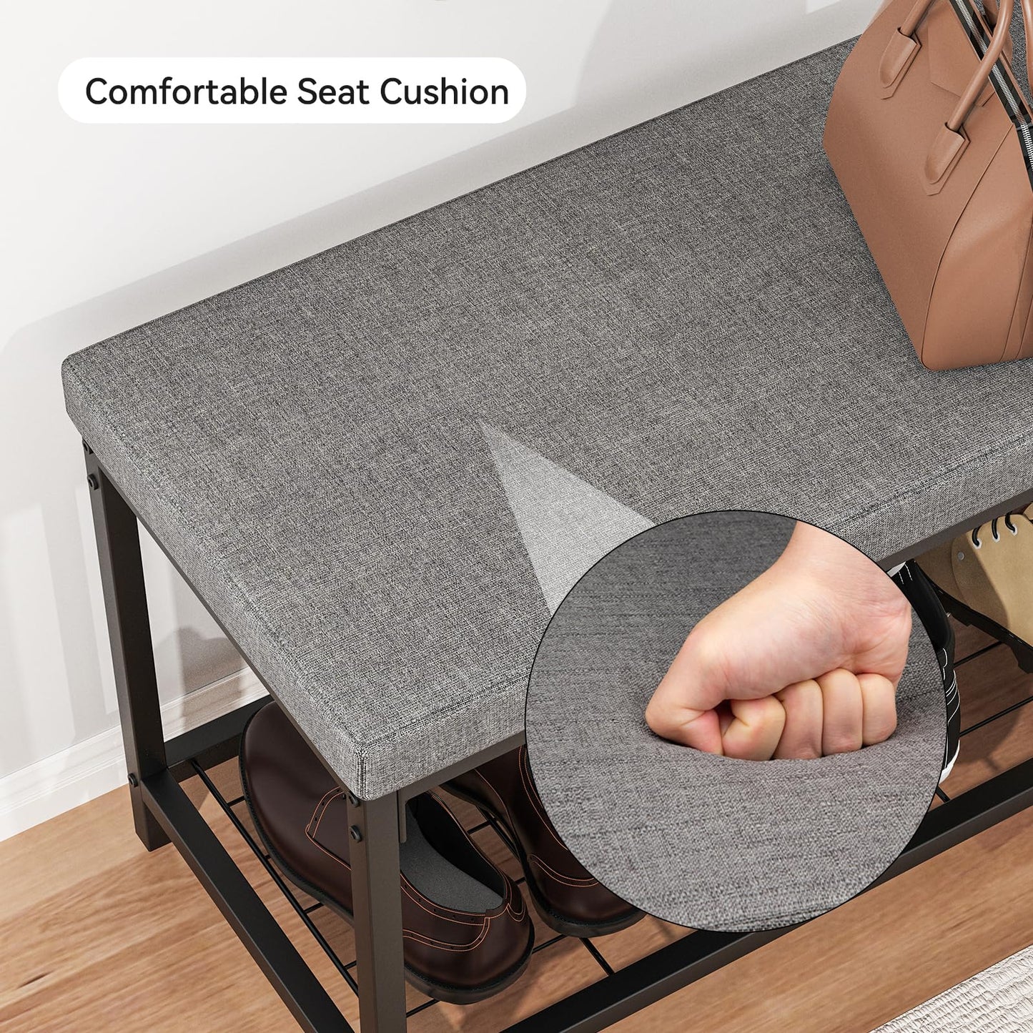 Masigle Shoe Bench, Entryway Bench with Cushion Seat, Shoe Rack Bench with Storage, Modern Style, Holds Up to 350 lb, for Living Room, Bedroom, Hallway, Grey
