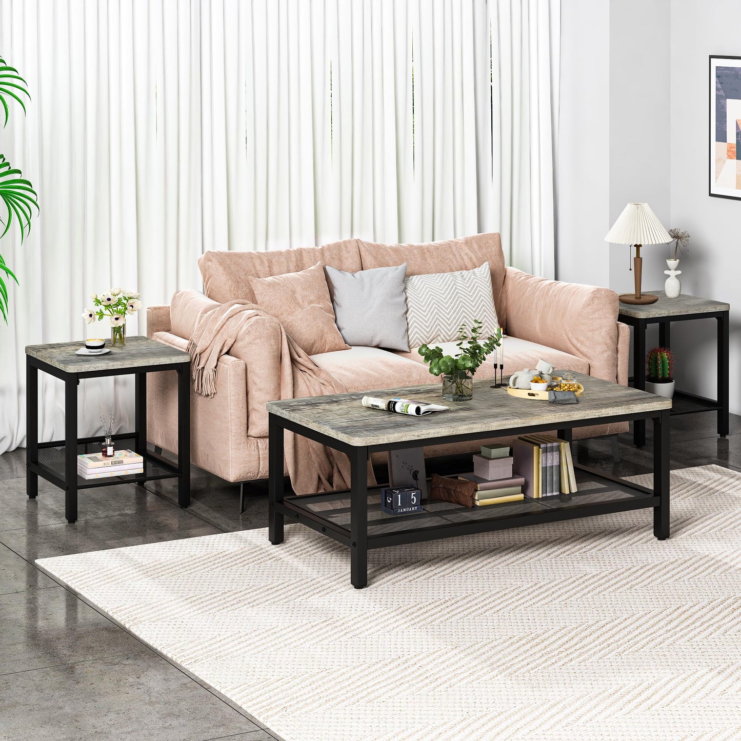 Lamerge 3 Pieces Living Room Table Set, Industrial Coffee Table with 2 Square End Side Tables, Coffee Table Set with Metal Frame for Apartment Home Office (Grey)