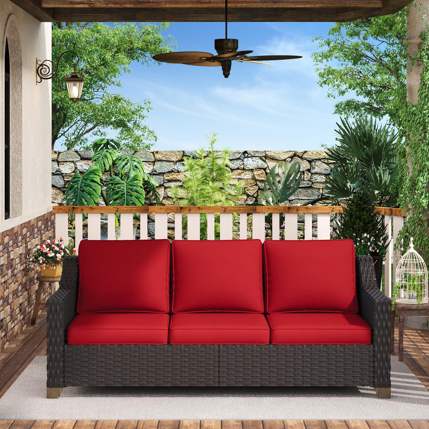 MeetLeisure 77'' Patio Sofa, All Weather Outdoor Rattan Wicker 3-Seat Sofa High Back Couch with Premium Cushions for Garden Backyard Porch(Brown/Red)