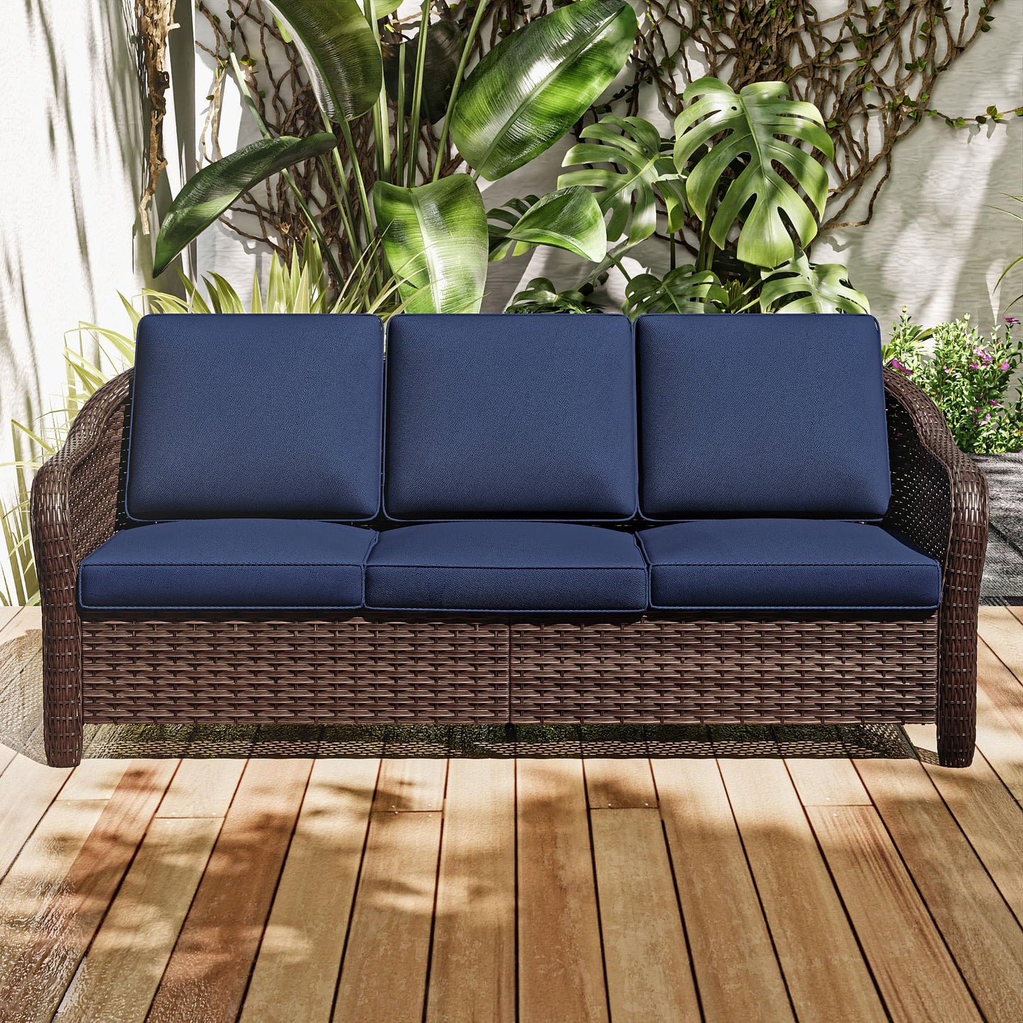 MeetLeisure 78" Wicker 3-seat Sofa, Outdoor Conversation Furniture, All-Weather Rattan Couch, Steel Frame Couch with Cushions for Garden, Poolside, Porch (Navy Blue)