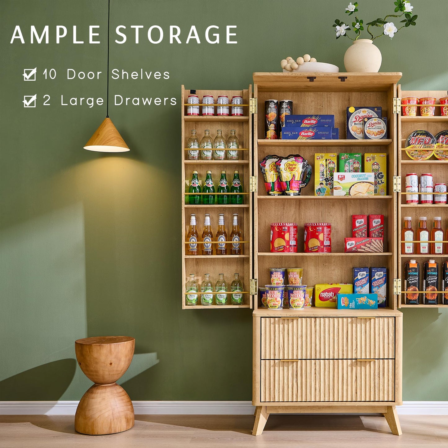 OKD Fluted Pantry Cabinet, Modern Kitchen Hutch, 72" Tall Storage Cabinet with 10 Door Shelves & 2 Drawers, Wood Cupboard for Kitchen & Living Room, Natrual Oak