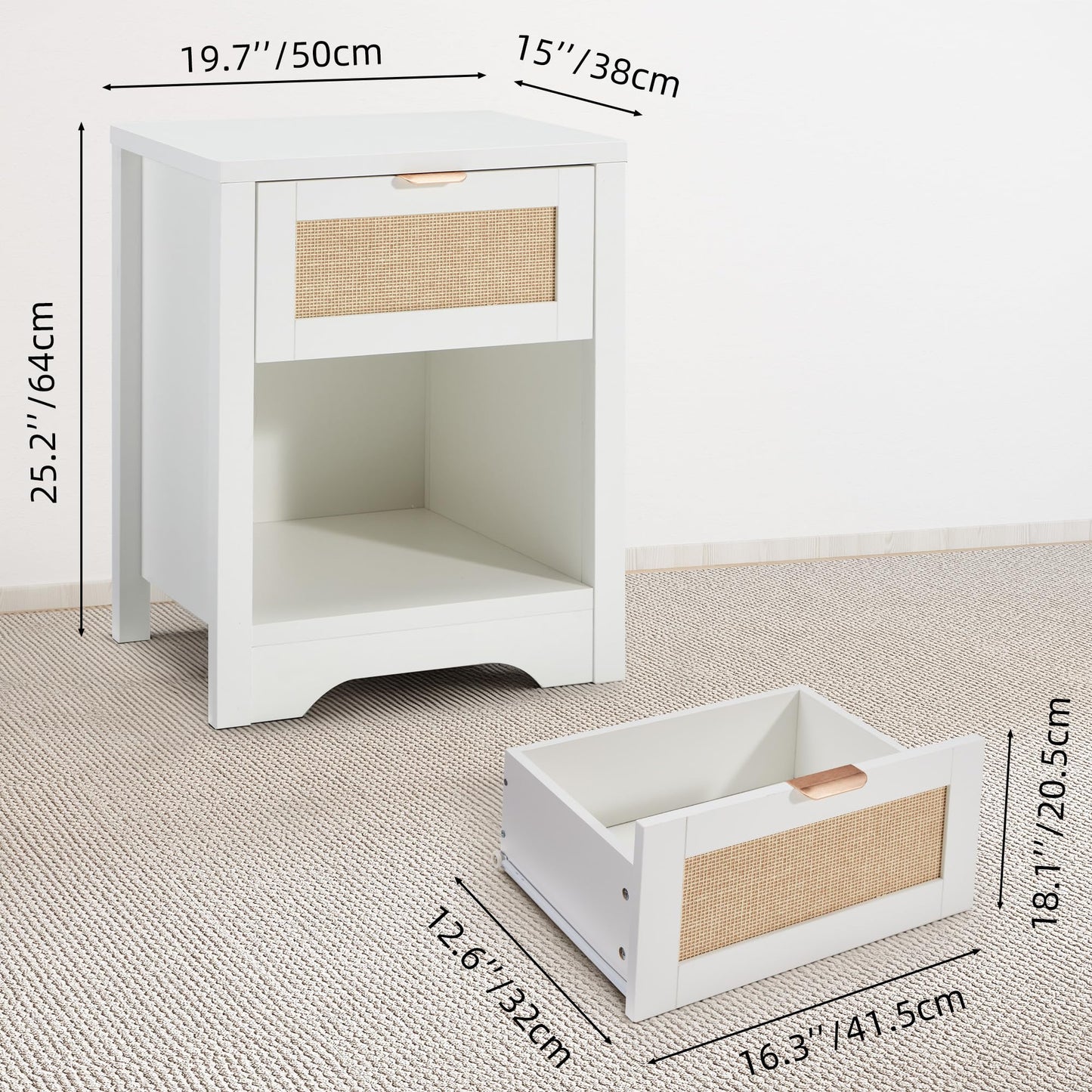 HOMREST Night Stand Set of 2,Modern Farmhouse Nightstands with Drawer & Open Storage Shelf, Wood Rattan Bedside Table with Metal Handle & Sturdy FrameTable for Bedroom, Living Room （White）
