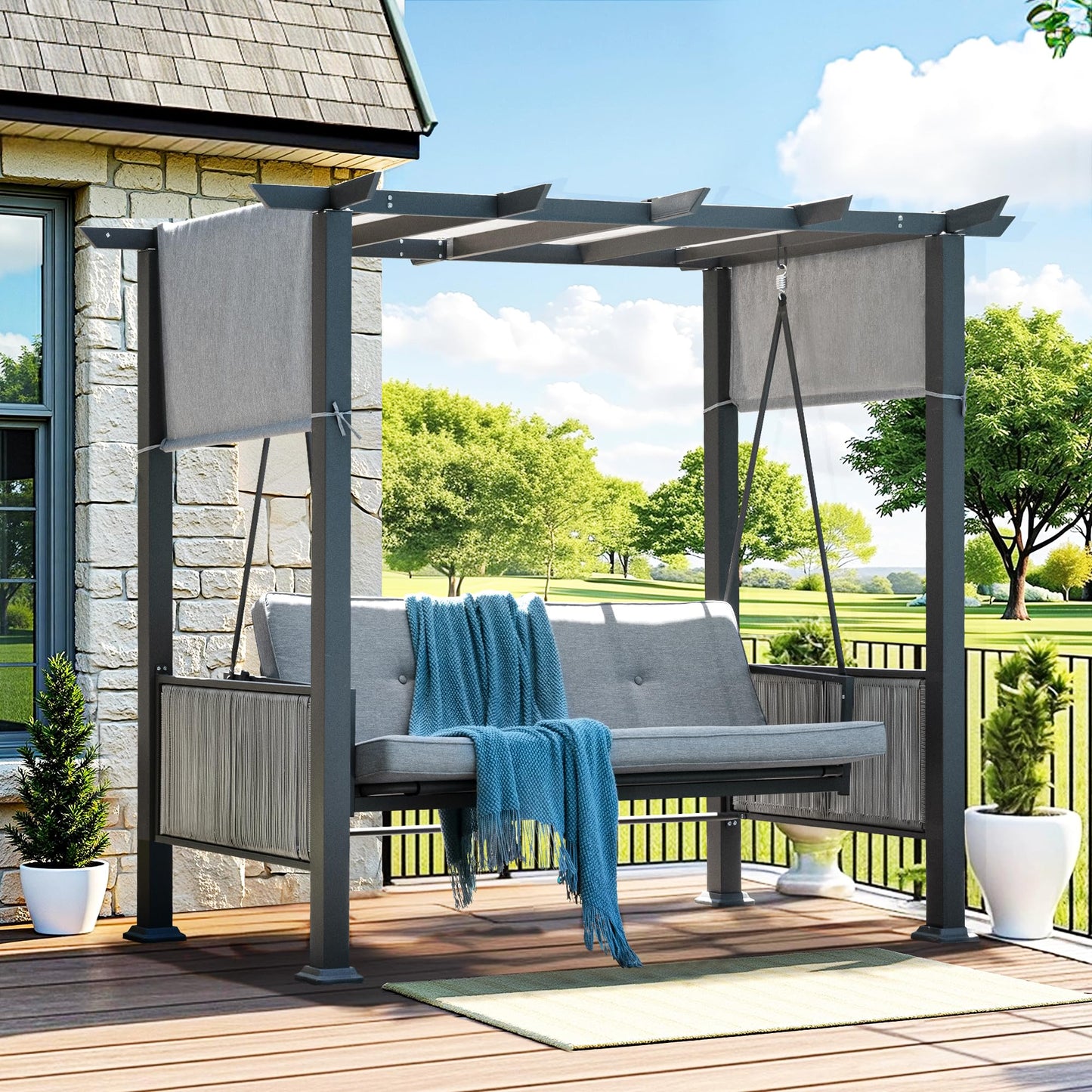 Pamapic 2-in-1 Convertible Porch Swing Bed, 3-Seat Elegant Patio Swing with Wicker Armrests, Outdoor Chair with Adjustable Canopy for Balcony, Garden, and Poolside, Gray