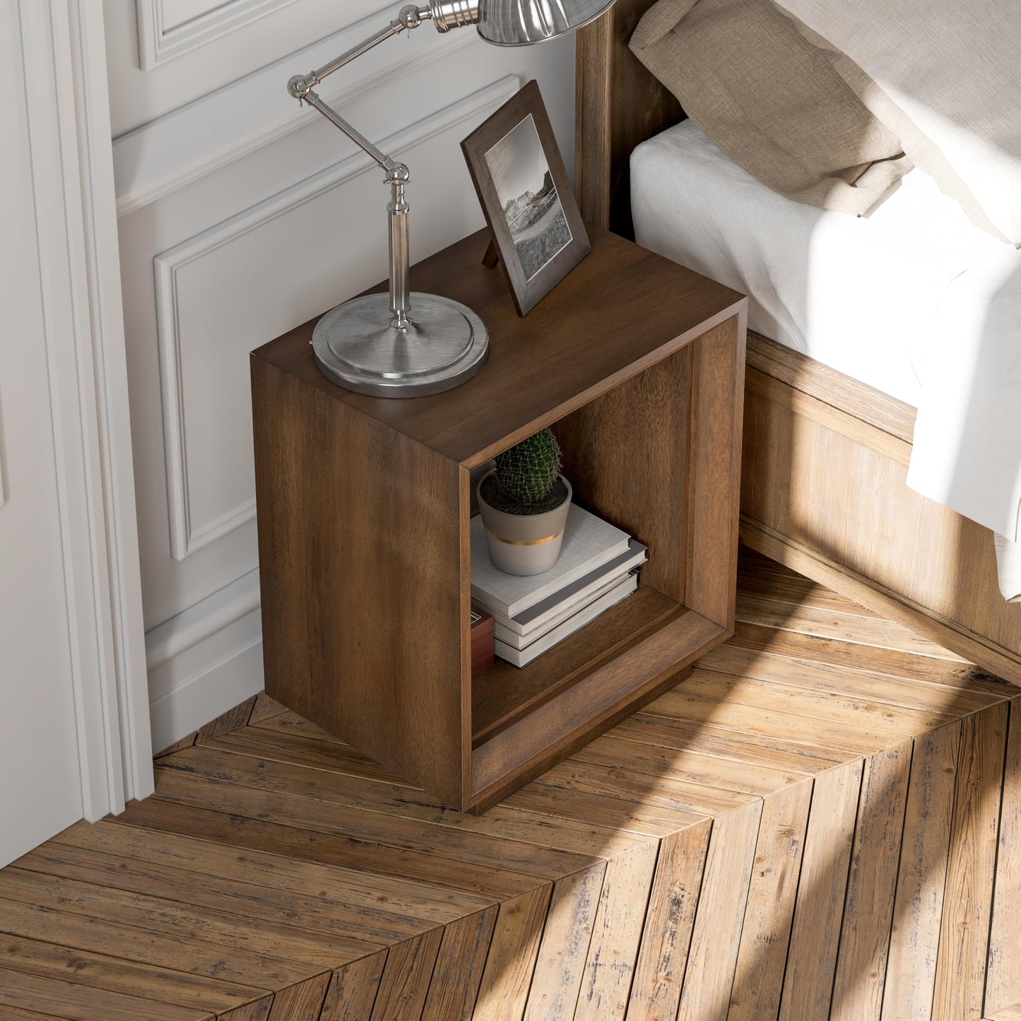 COZAYH Farmhouse End Table, Open Cube Accent Table with Geometric Frame, Modern Minimalist Side Table, Brown