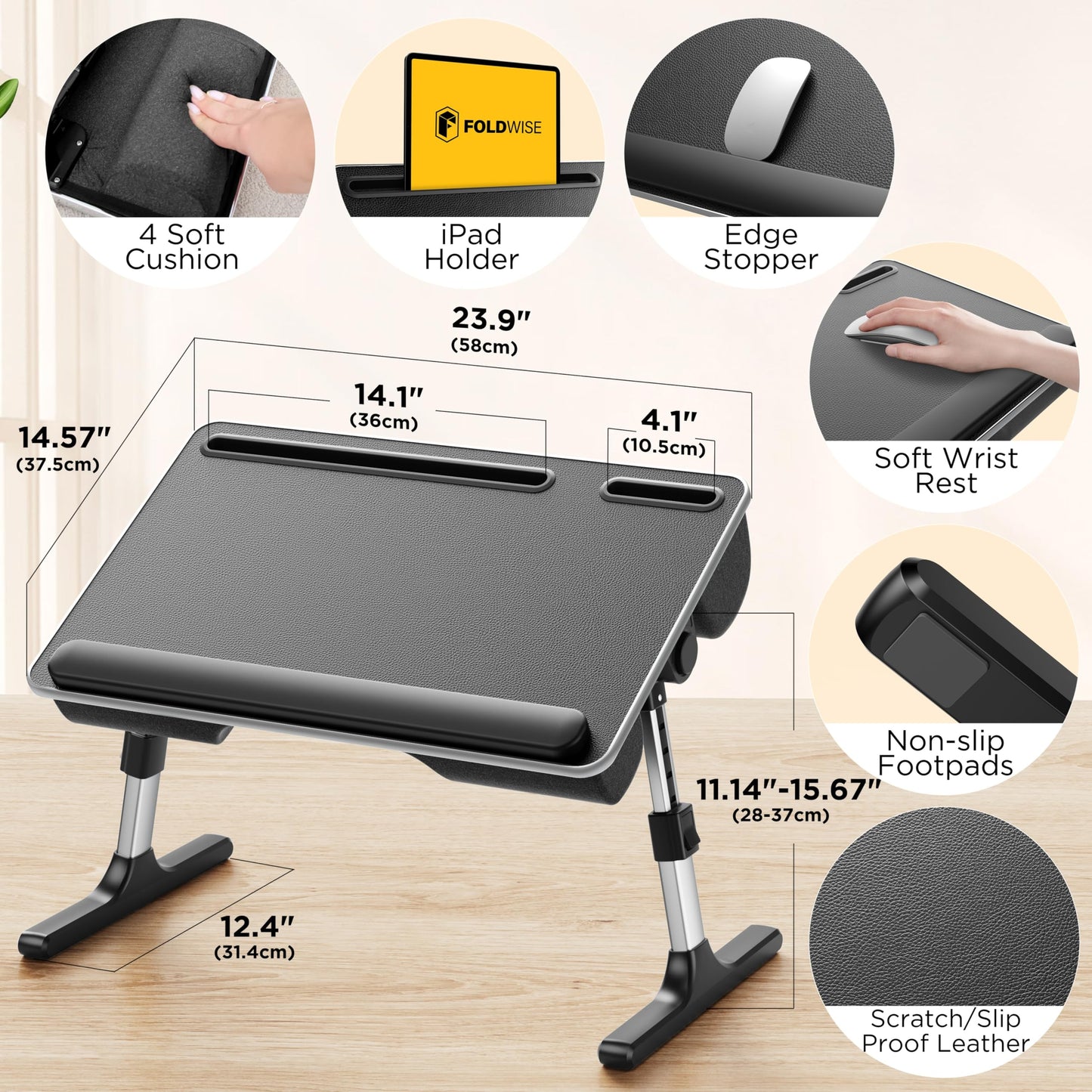 FoldWise 2-in-1 Lap Desk & Laptop Stand for Bed - Soft Cushions, Foldable & Adjustable Laptop Lap Desk for Couch, Wrist Rest, Tablet Holder, Edge Stopper & Leather, Ideal for Bed Desk, Couch & Chair