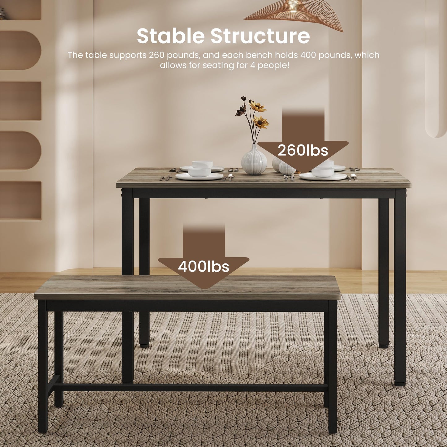 SumKea Dining Table Set for 4, Kitchen Room Table Set with 2 Benches, 3-Piece Dining Chairs Set for Breakfast Nook, Grey