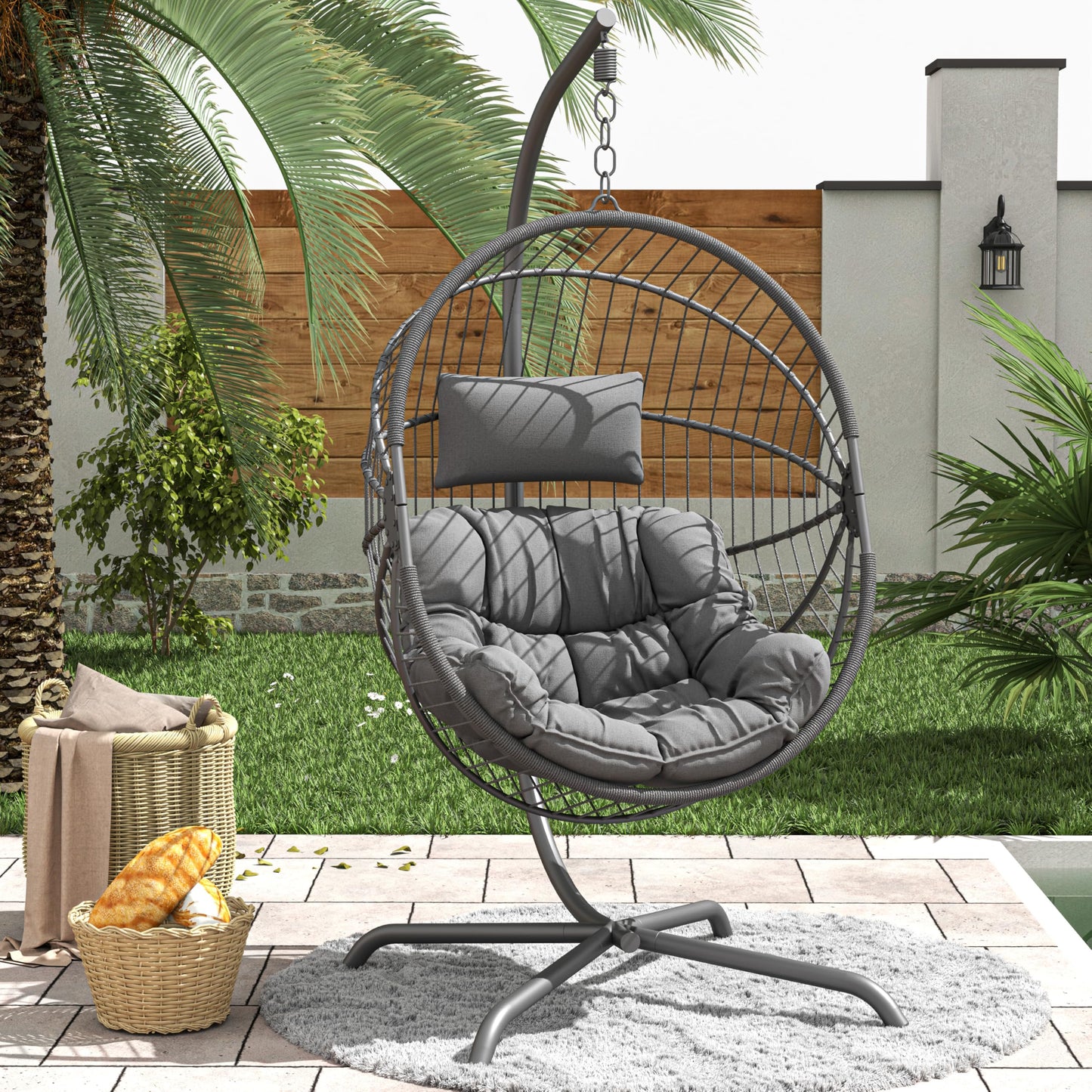 GREEN MORE Oversized Egg Swing Chair with Stand, Hanging Swing Chair, Foldable Hammock Chair with Steel Frame, 350LBS Capacity for Patio Garden Bedroom, Grey