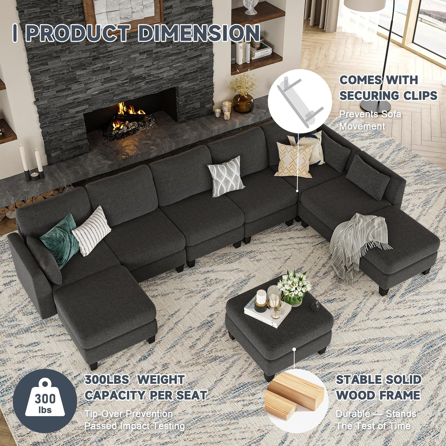 Huatean Home Modular Sectional Sofa, Convertible U Shaped Sofa Couch with High Density Memory Foam, 6 Seat Comfy Modular Sofa Couch for Living Room, Modern U Shaped Sectional Sofa, Dimgrey