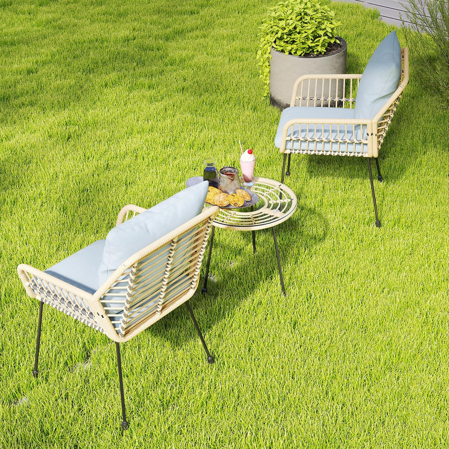 DAYARUS 3 Pieces Patio Bistro Set, Upholstered Rattan Outdoor Chairs with Coffee Table, Metal Frame Bistro Table and Chairs Set of 2, Modern Patio Conversation Set for Porch/Yard/Pool, Blue