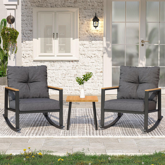 COMLAX FIELD 3 Pieces Rocking Bistro Set, Outdoor Patio Furniture Set with Thick Cushions and Coffee Table, Patio Conversation Sets for Garden, Balcony, Backyard, Grey