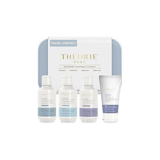 THEORIE PURE Travel Size Toiletries Set - Hypoallergenic Shampoo, Conditioner, Body Wash & Scrub Fragrance-Free, No Sulfates or Parabens Clean Beauty Essentials for Hair Skin