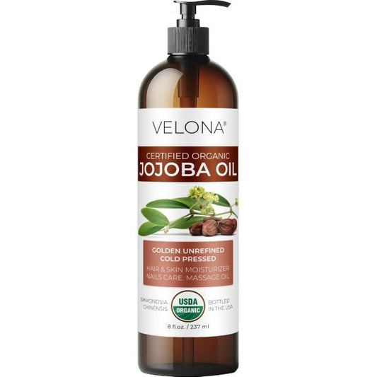 velona Organic Jojoba Oil 8 Fl Oz (With Pump) - Unrefined Cold Pressed for Face, Hair, Body, Skin, Stretch Marks & Cuticles