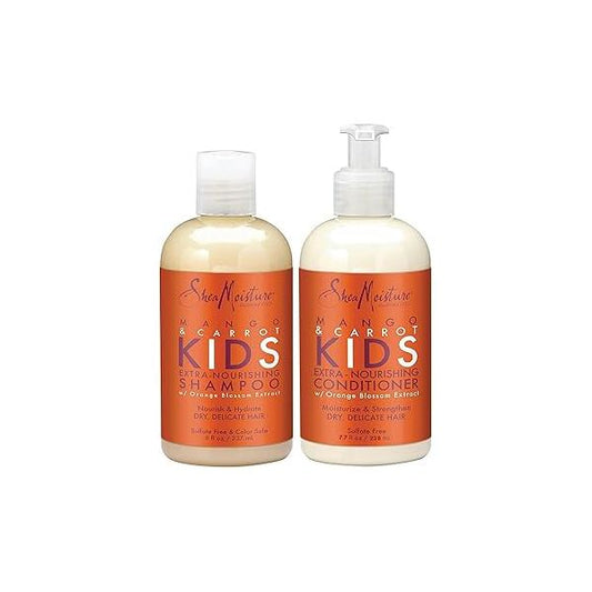 Shea Moisture Mango & Carrot Kids, Extra-Nourishing, Shampoo (8 Oz) and Conditioner (7.7 Oz), Orange Blossom Extract, Dry, Delicate Hair, Vitamin B-5 E, 2 Piece Set